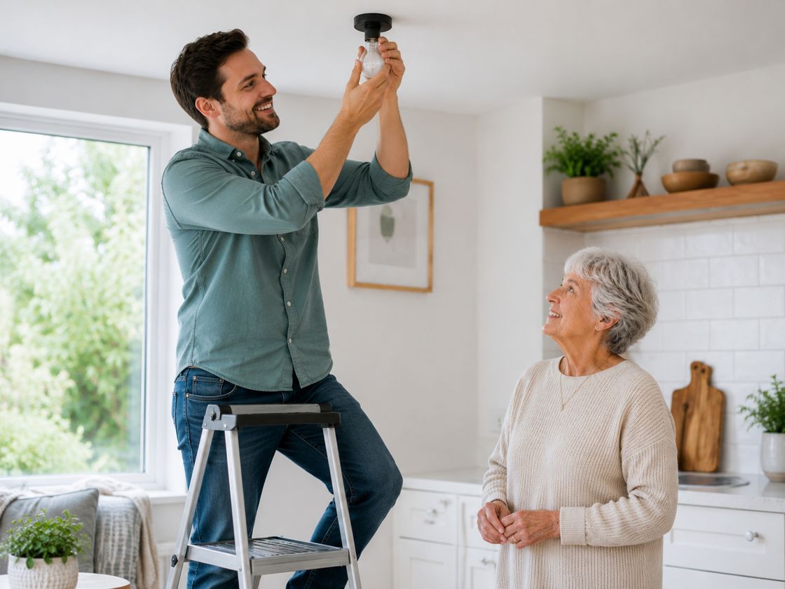Granddad's handyman replacing a light fixture during a home maintenance visit